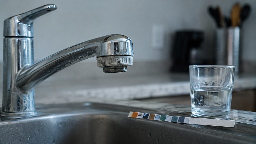 Limescale on a chrome kitchen faucet beside a water hardness test strip on the sink
