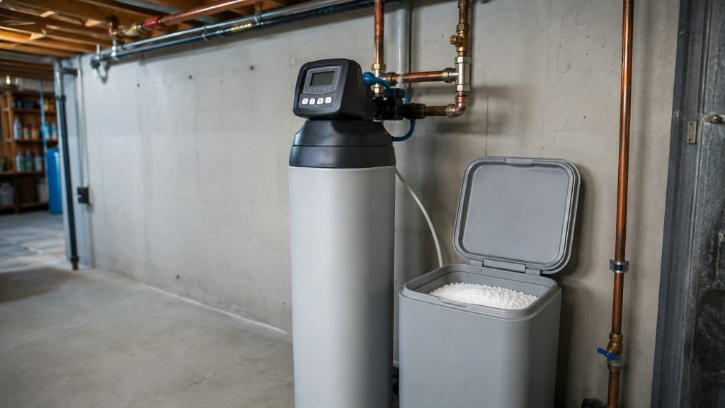 Residential water softener resin tank and brine tank full of salt pellets in a utility room