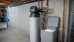 Residential water softener resin tank and brine tank full of salt pellets in a utility room