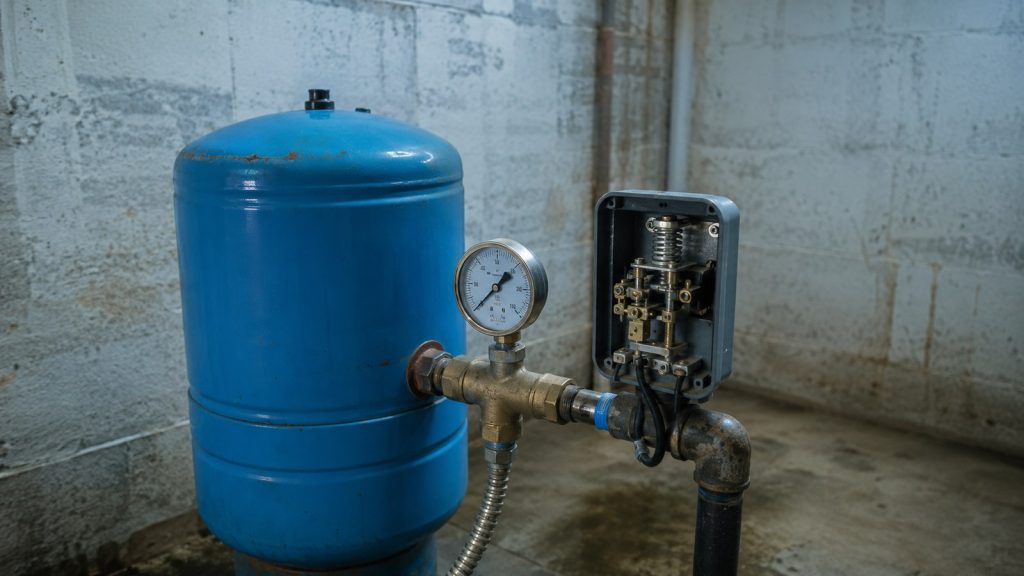 Well pressure tank with pressure gauge and pressure switch mounted in a home basement
