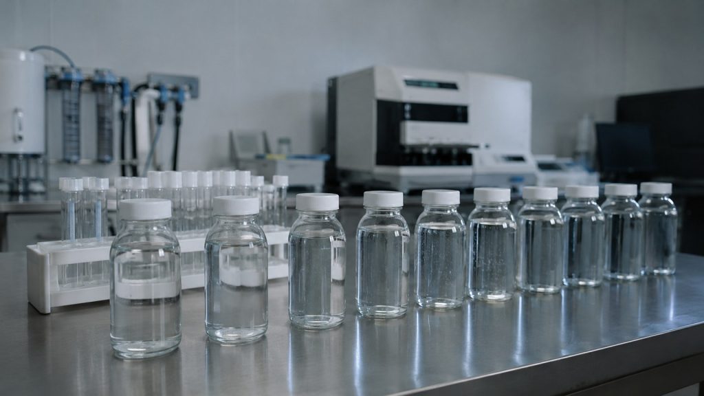 Capped well water sample bottles on a laboratory bench ready for contaminant testing