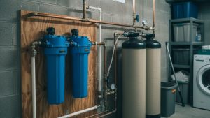 Whole-house well water filtration system installed in a home basement