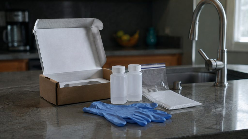 Mail-in well water test kit with sample bottles open on a kitchen counter beside a tap