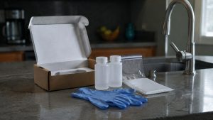 Mail-in well water test kit with sample bottles open on a kitchen counter beside a tap