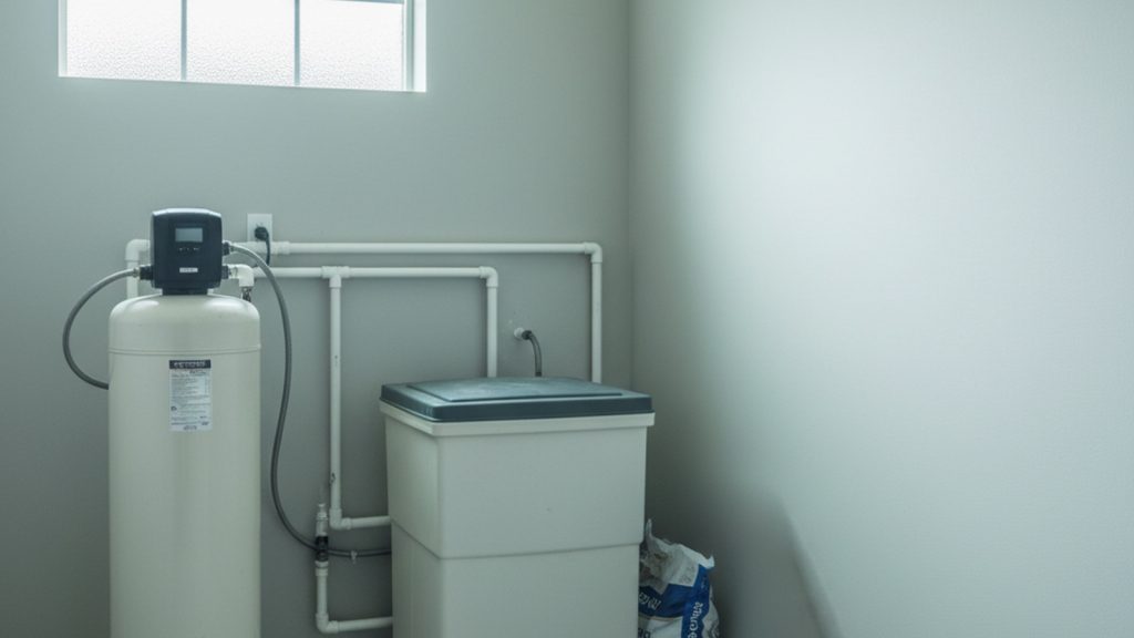 Water softener with brine tank installed for well water in a utility room