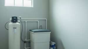 Water softener with brine tank installed for well water in a utility room
