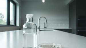 Lab sample bottle and petri dish for coliform bacteria in well water