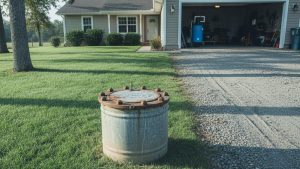 Residential well cap in a yard showing how a private well water system works