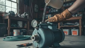Pouring water into a jet pump priming port to prime a well pump
