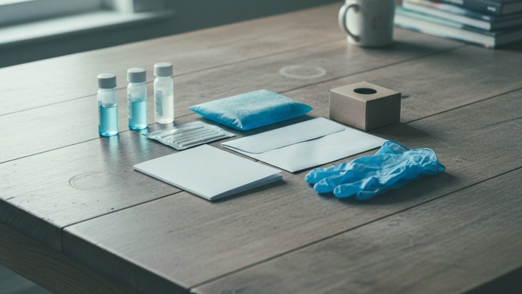 Mail-in kit and strips laid out showing how to test well water at home