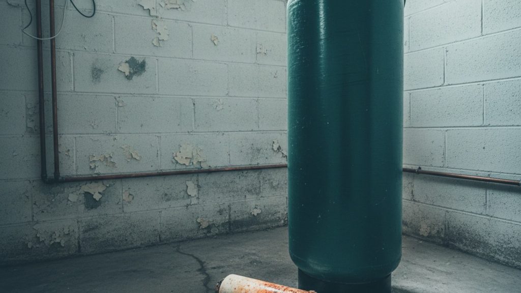 Air injection iron filter for well water installed in a basement