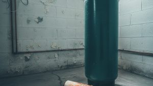 Air injection iron filter for well water installed in a basement