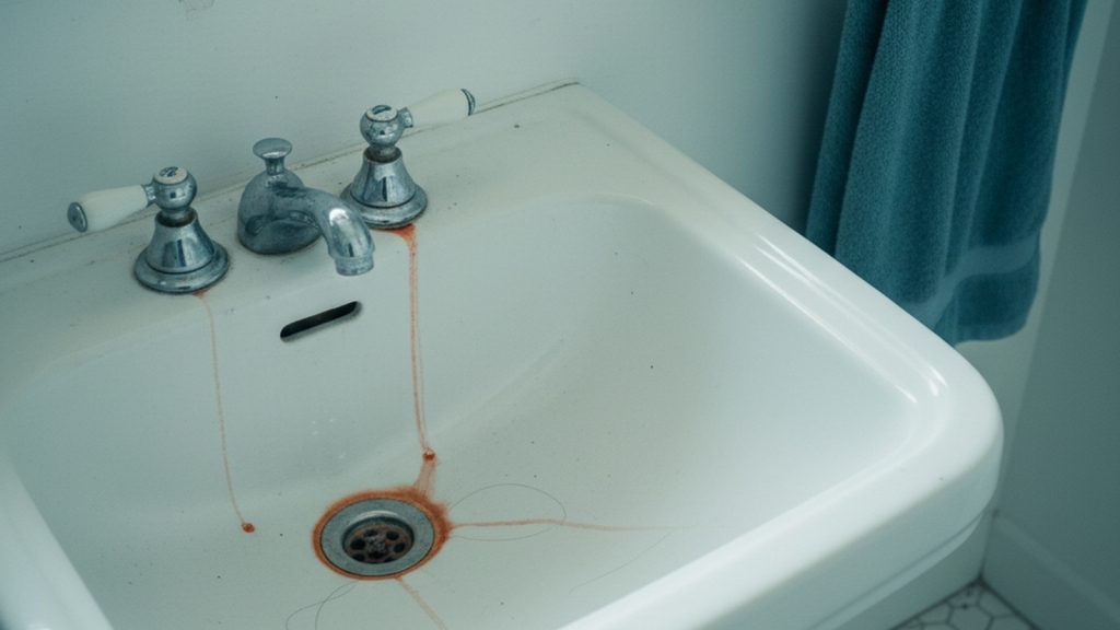 Orange iron staining in a sink caused by iron in well water