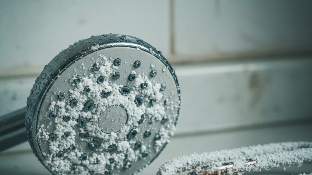 Limescale buildup from hard well water on a showerhead and kettle