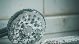 Limescale buildup from hard well water on a showerhead and kettle