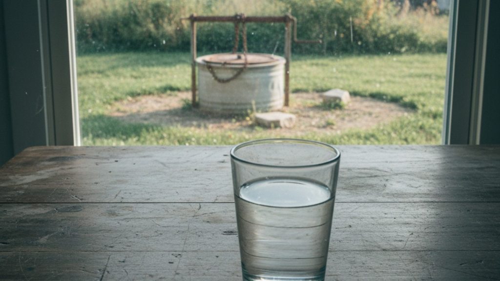 Glass of well water on a kitchen table, private well visible outside