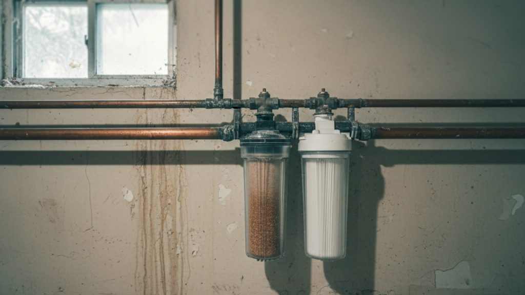 Spin-down sediment filter for well water with trapped sand visible