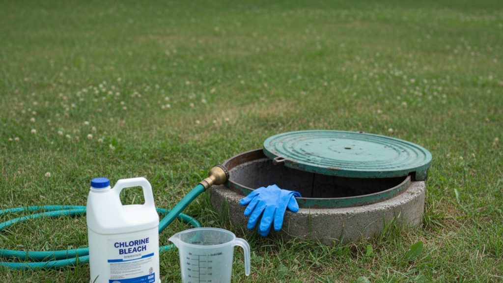 Supplies staged at an open well cap for shock chlorination