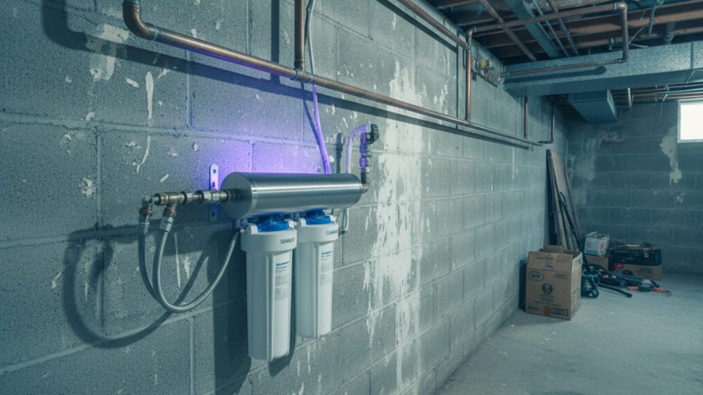 UV water purifier glowing while disinfecting well water