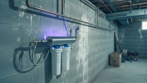 UV water purifier glowing while disinfecting well water