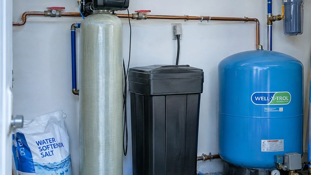 Water softener and brine tank installed beside a well pressure tank in a home utility room