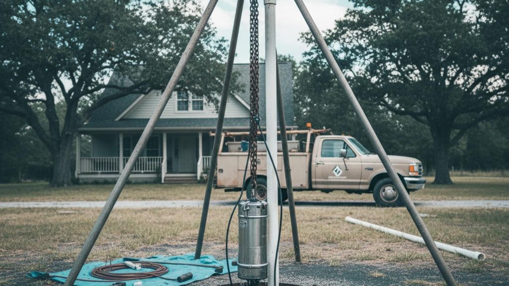 Submersible pump pulled from a well during a well pump replacement