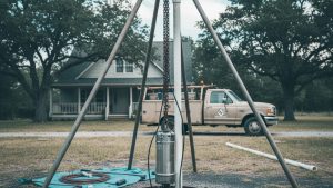 Submersible pump pulled from a well during a well pump replacement