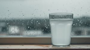 Cloudy well water in a glass during heavy rain outside