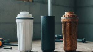 New and used well water filter cartridges compared on a workbench
