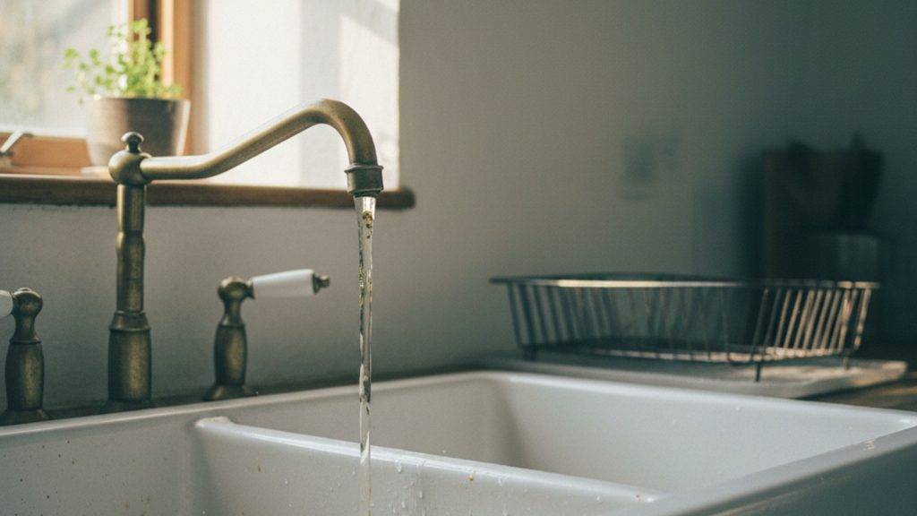 Running well water with sulfur odor at a farmhouse kitchen faucet