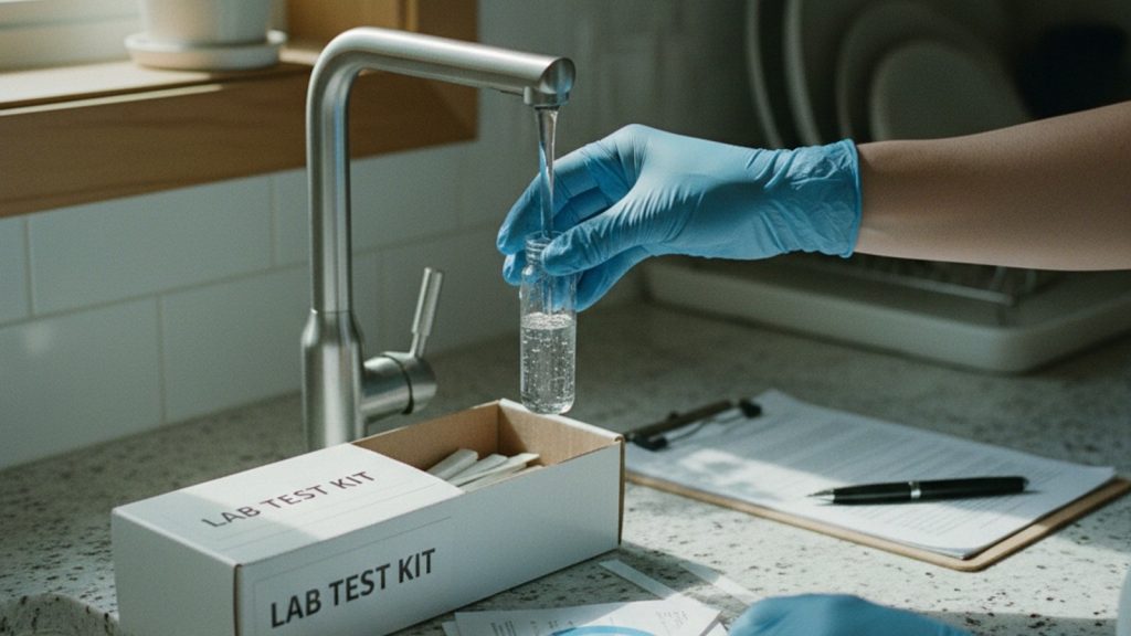 Collecting a well water testing sample at a kitchen faucet with a lab kit