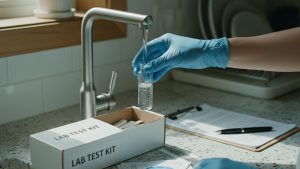 Collecting a well water testing sample at a kitchen faucet with a lab kit