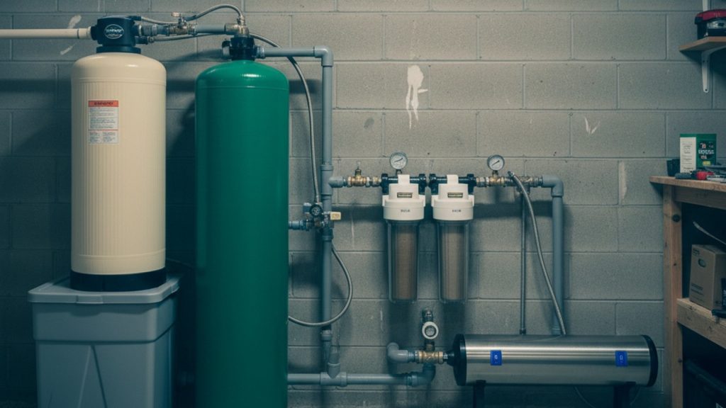 Complete well water treatment system lineup installed in a basement