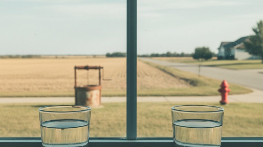 Well water vs city water shown as two glasses on a split rural and urban windowsill