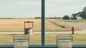 Well water vs city water shown as two glasses on a split rural and urban windowsill