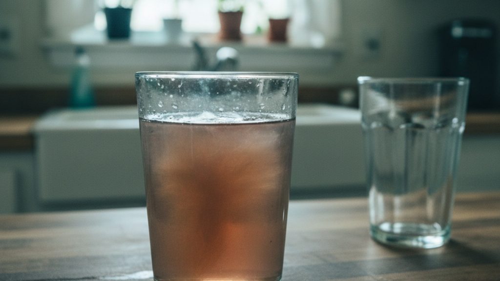 Glass of brown discolored well water next to a clean glass for comparison