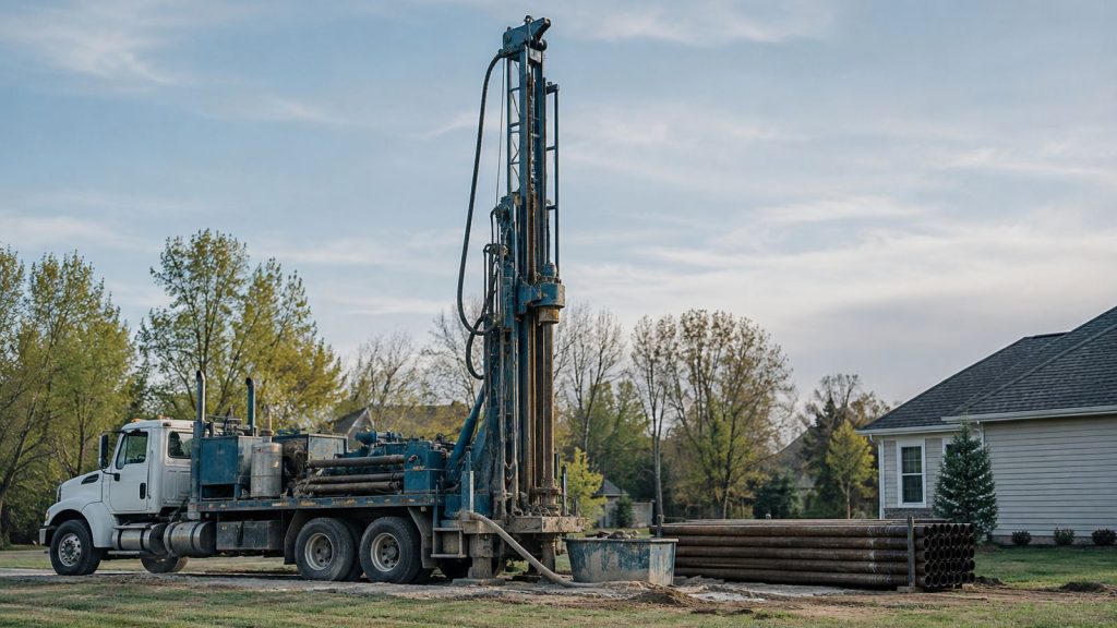 Water well drilling rig set up on a residential property with drill pipe stacked beside it
