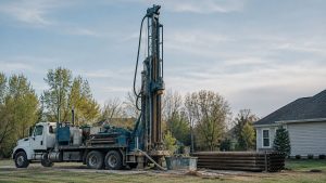 Water well drilling rig set up on a residential property with drill pipe stacked beside it