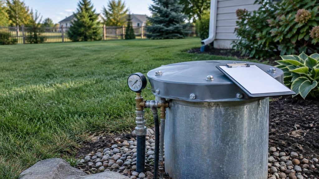 Steel well casing with a sealed cap in a backyard and an inspection clipboard beside it