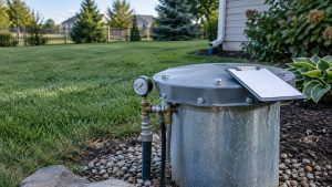 Steel well casing with a sealed cap in a backyard and an inspection clipboard beside it