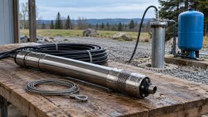 Submersible well pump on a pipe with a pressure tank and well casing beside it in a rural yard